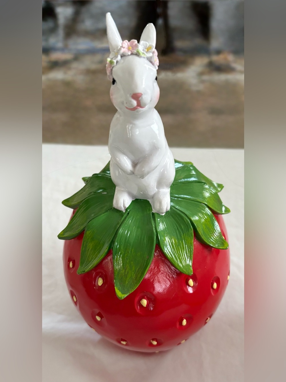 White Bunny on Red Strawberry Figurine New